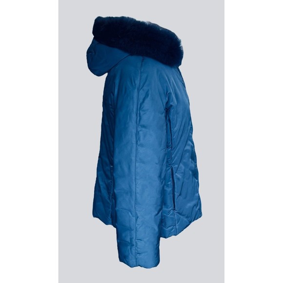 1 Madison Women L Blue 3/4 Length Detachable Fox Fur Trim Hood Zip Puffer Jacket - Picture 3 of 7